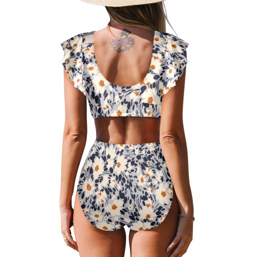 BW tropical floral Women's Ruffle Sleeve Bikini Swimsuit (Model S42)