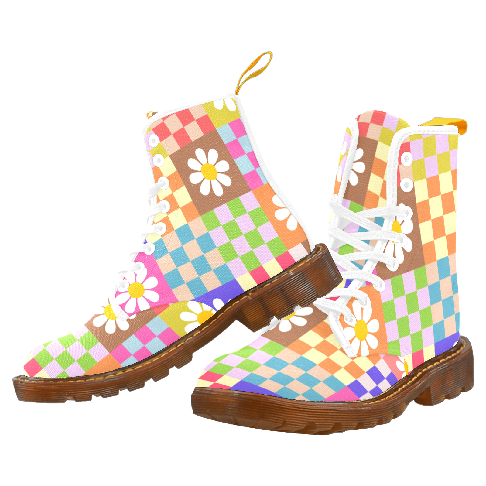 Mid Century Geometric Checkered Retro Floral Daisy Flower Pattern Martin Boots For Women Model 1203H