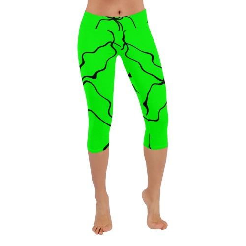 Black InterlockingCircles Noisy Green Women's Low Rise Capri Leggings (Invisible Stitch) (Model L08)