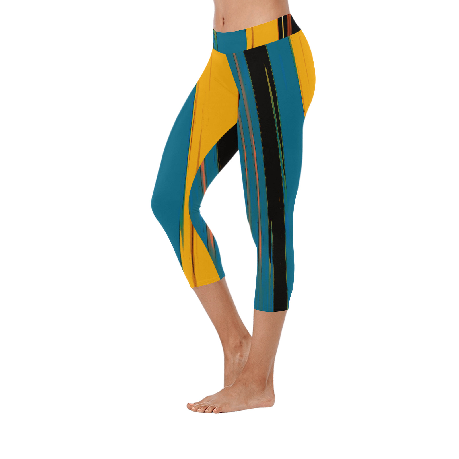 Black Turquoise And Orange Go! Abstract Art Women's Low Rise Capri Leggings (Invisible Stitch) (Model L08)