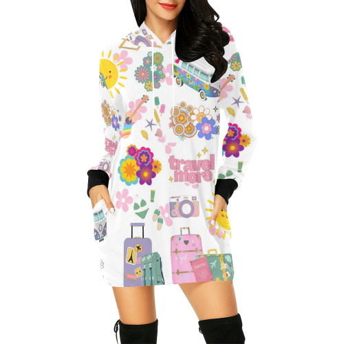 Hippie Summer Holiday Travel Vacation Artwork Design All Over Print Hoodie Mini Dress (Model H27)