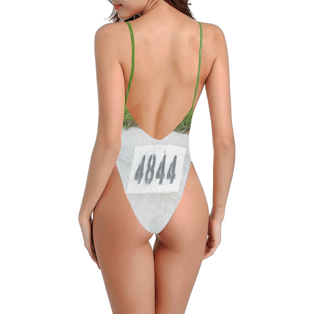 Street Number 4844 with green straps Sexy Low Back One-Piece Swimsuit (Model S09)