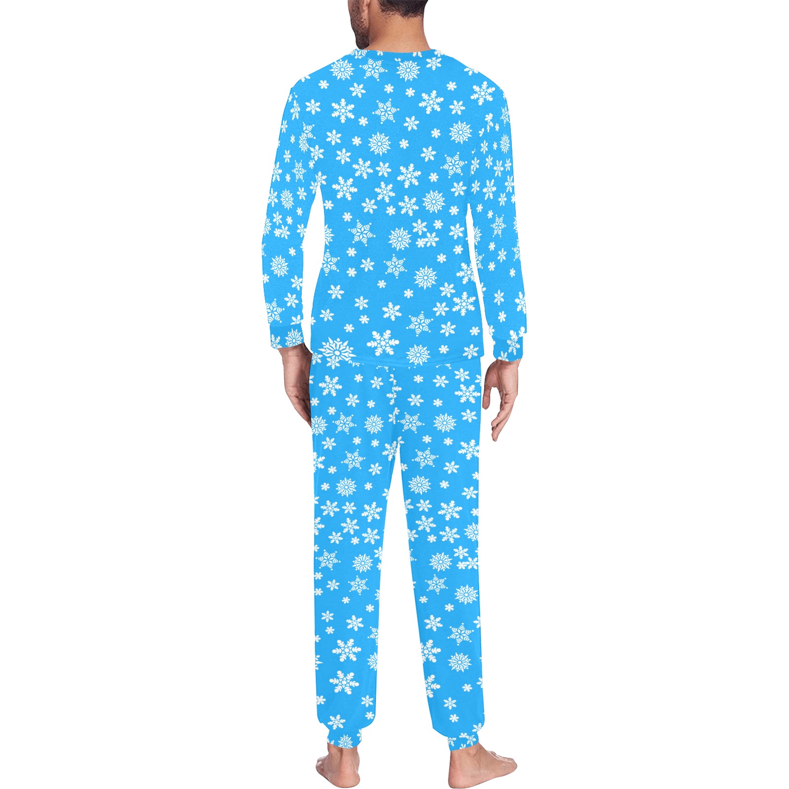 Christmas White Snowflakes on Light Blue Men's All Over Print Pajama Set with Custom Cuff