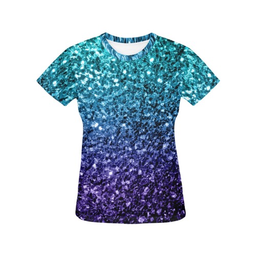 Aqua Blue Ombre glitters faux sparkles glamorous bling fashion for her All Over Print T-Shirt for Women (USA Size) (Model T40)