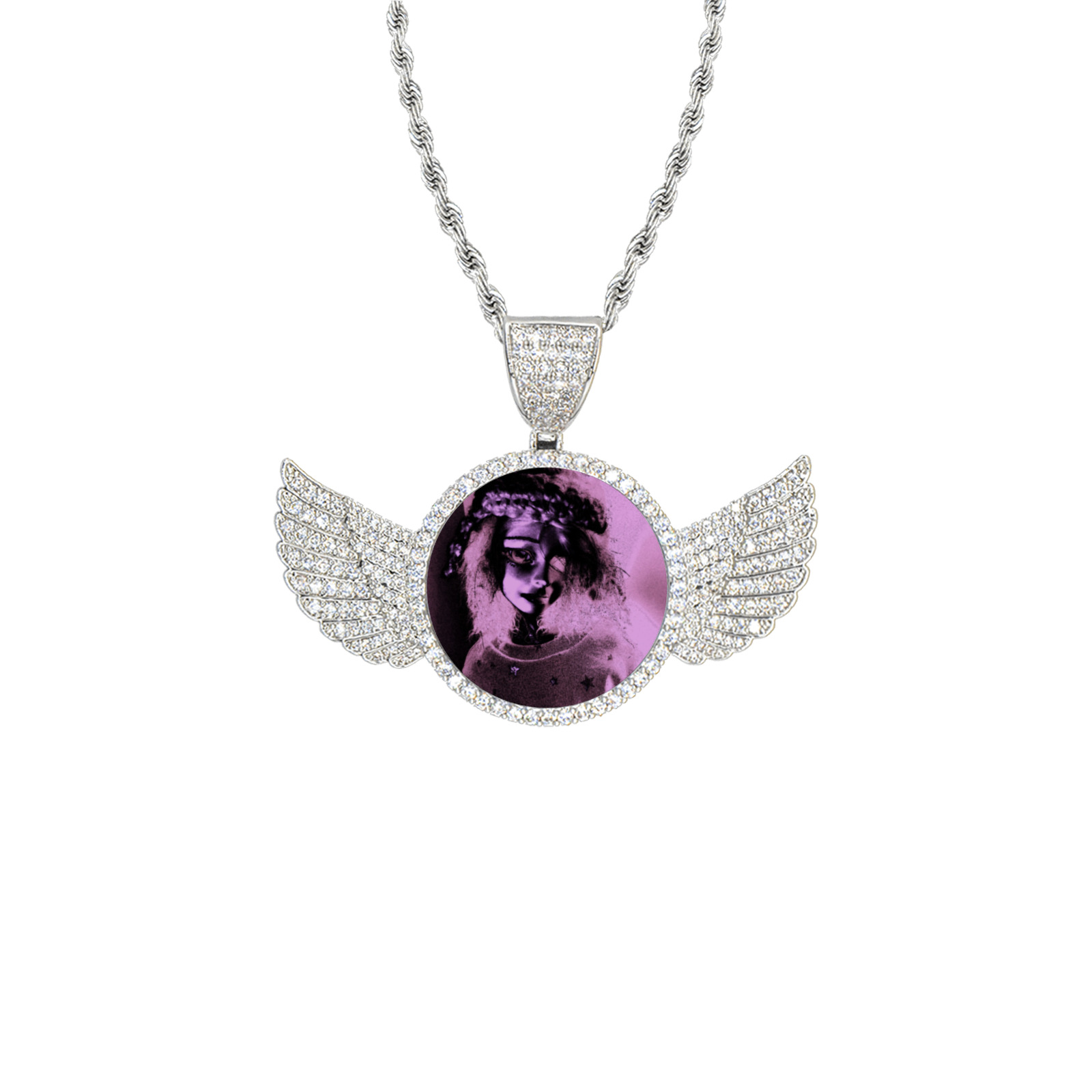 sad doll pink glow Wings Silver Photo Pendant with Rope Chain