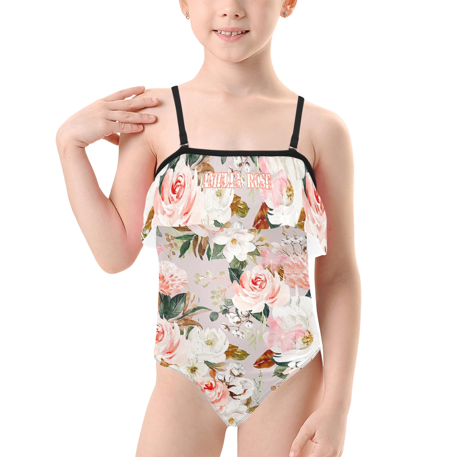 Amelia Rose flower print girls swimsuit FDE2B9EA-EFB7-45ED-B638-01C189E735AE Kids' Spaghetti Strap Ruffle Swimsuit (Model S26)