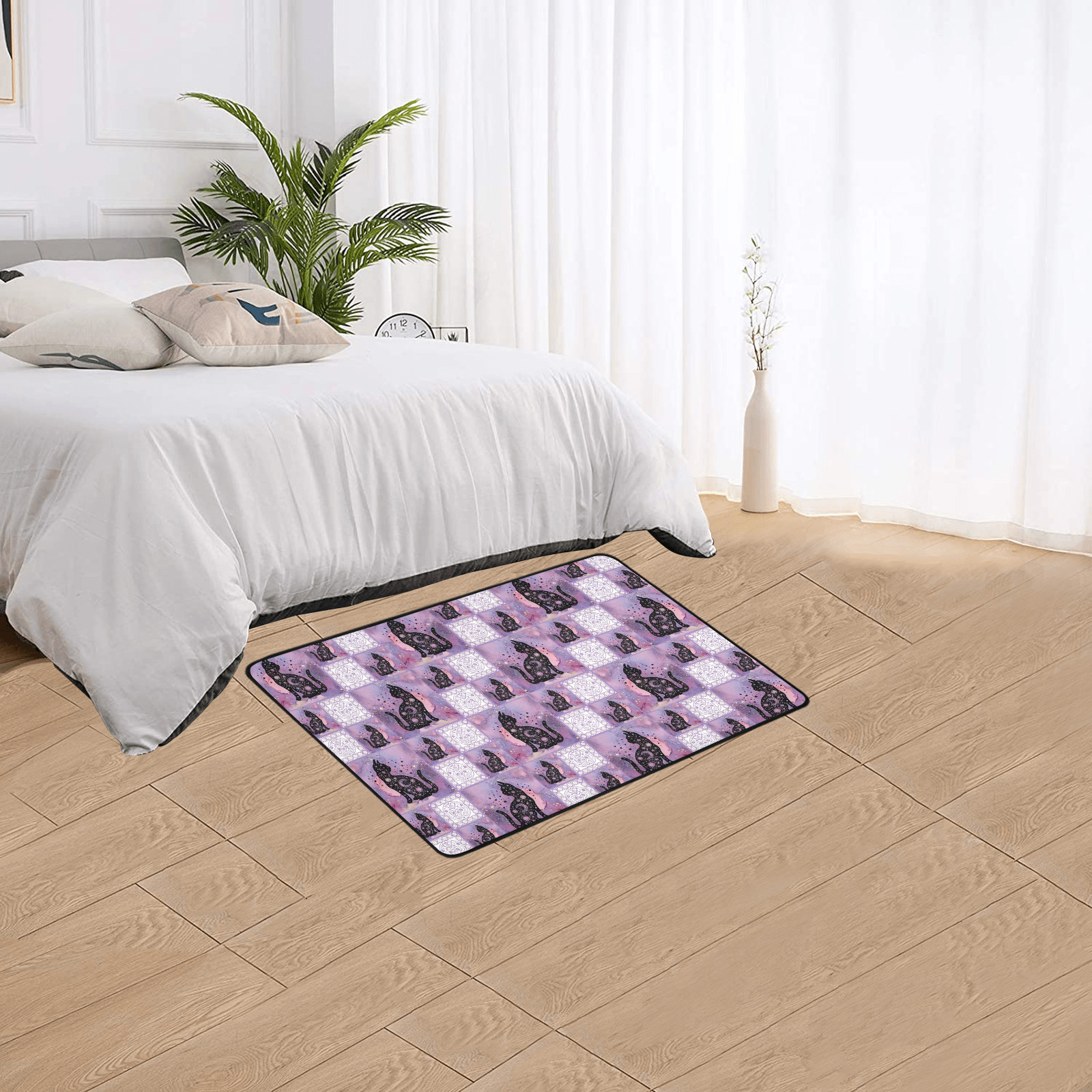 Purple Cosmic Cats Patchwork Pattern Area Rug with Black Binding 2'7"x 1'8‘’