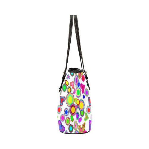 Groovy Hearts and Flowers White Leather Tote Bag/Large (Model 1651)