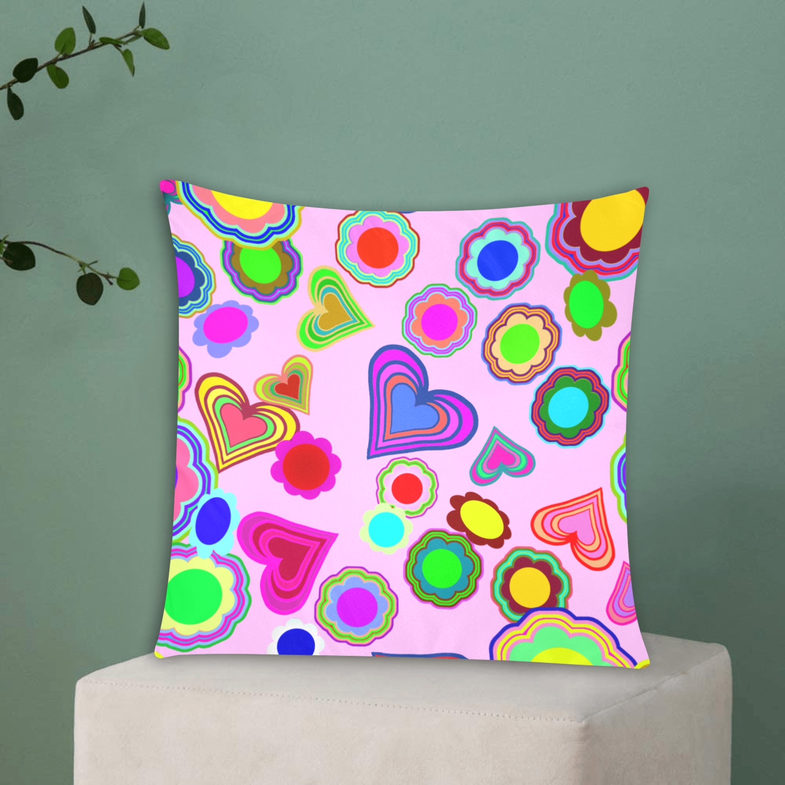 Groovy Hearts and Flowers Pink Custom Zippered Pillow Cases 16"x16" (Two Sides)