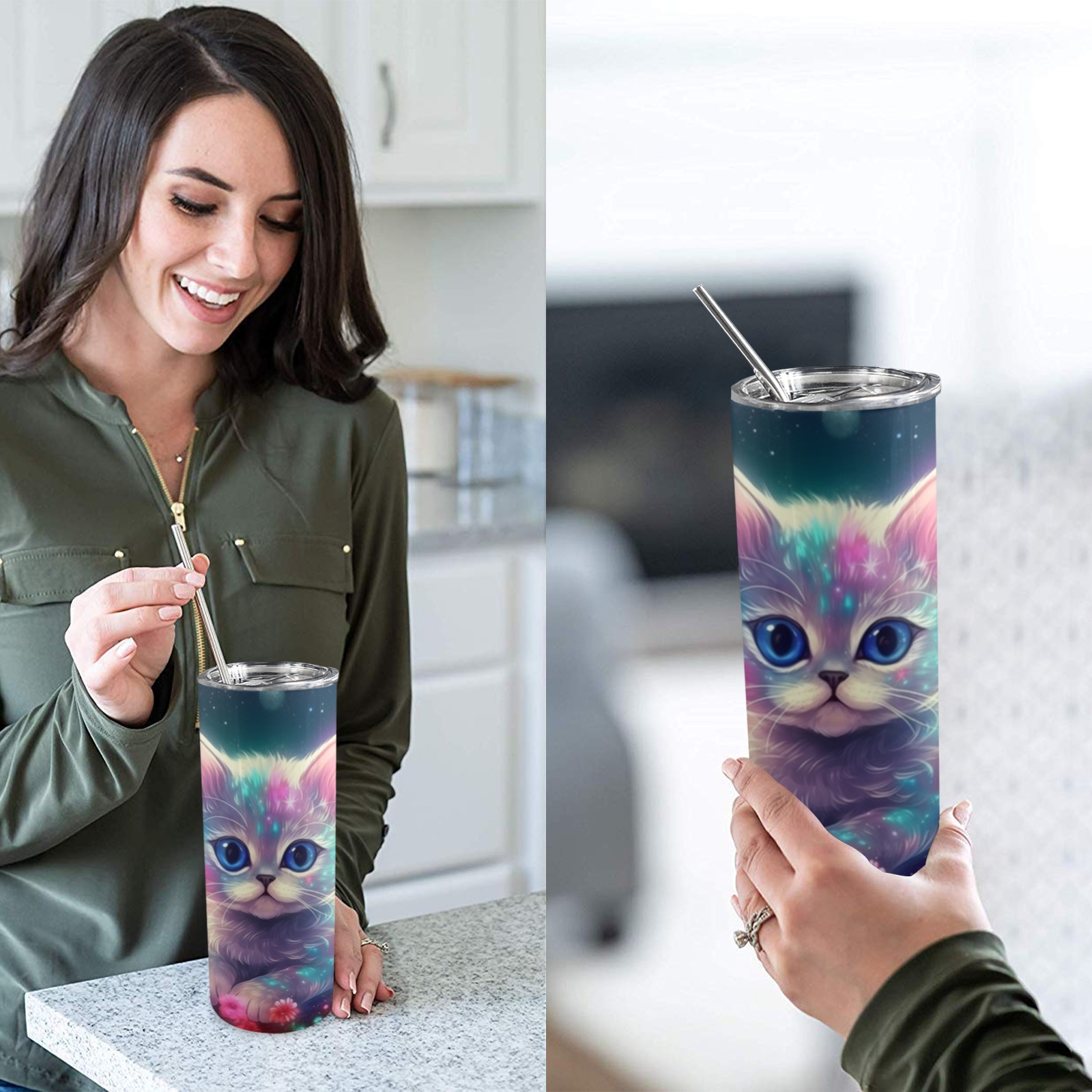 Neon Kitty - 20oz Tall Skinny Tumbler with Lid and Straw