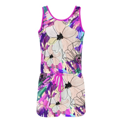 Lilac and White Poppies All Over Print Vest Short Jumpsuit