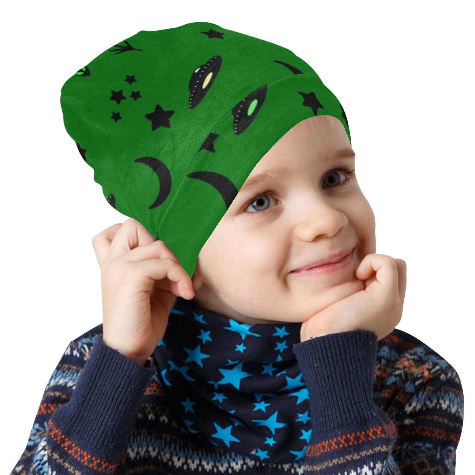 Aliens and Spaceships on Green All Over Print Beanie for Kids