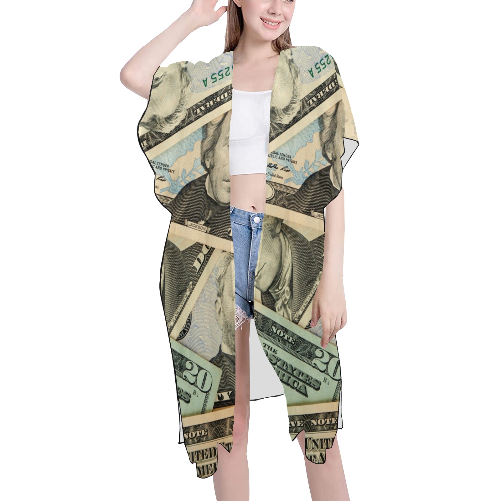 US PAPER CURRENCY Mid-Length Side Slits Chiffon Cover Ups (Model H50)