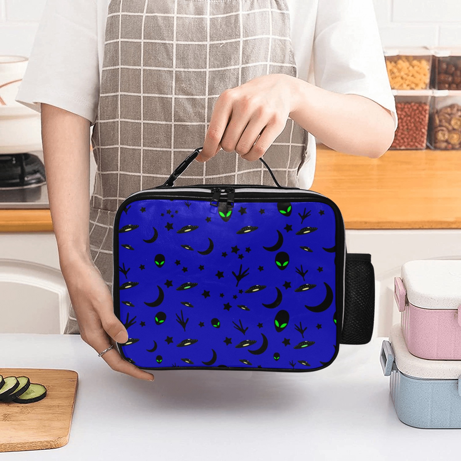 Aliens and Spaceships - Blue PU Leather Lunch Bag (Model 1723)