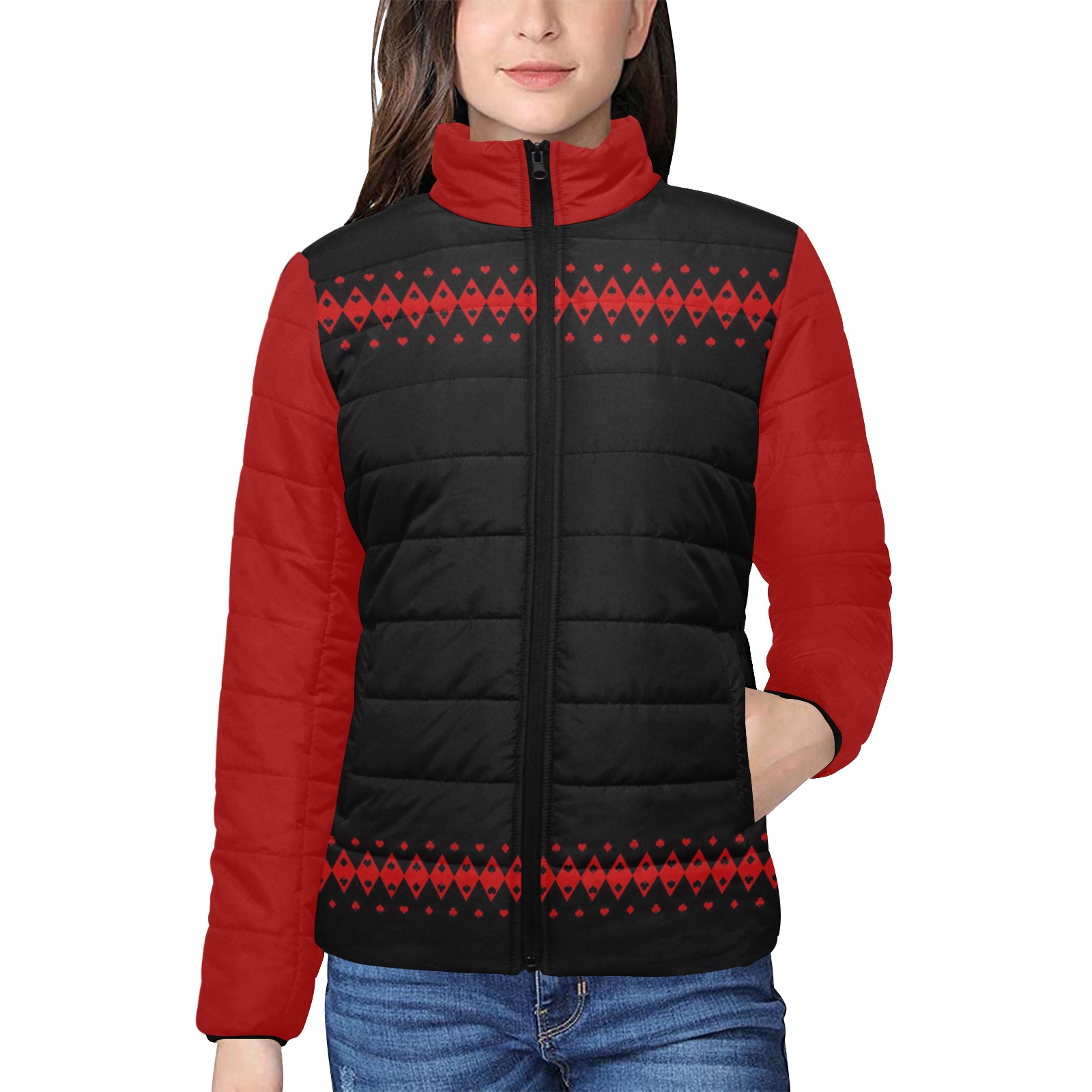 Black Red Playing Card Shapes / Red Women's Stand Collar Padded Jacket (Model H41)