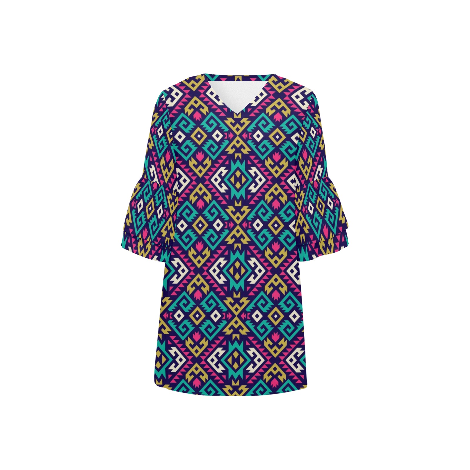 Abstract Pattern Colorful Half Sleeves V-Neck Mini Dress (Model D63)