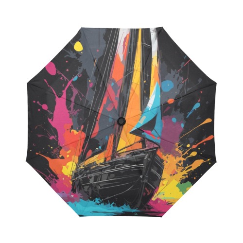Fantasy sail boat at sea. Colorful art on black Auto-Foldable Umbrella (Model U04)