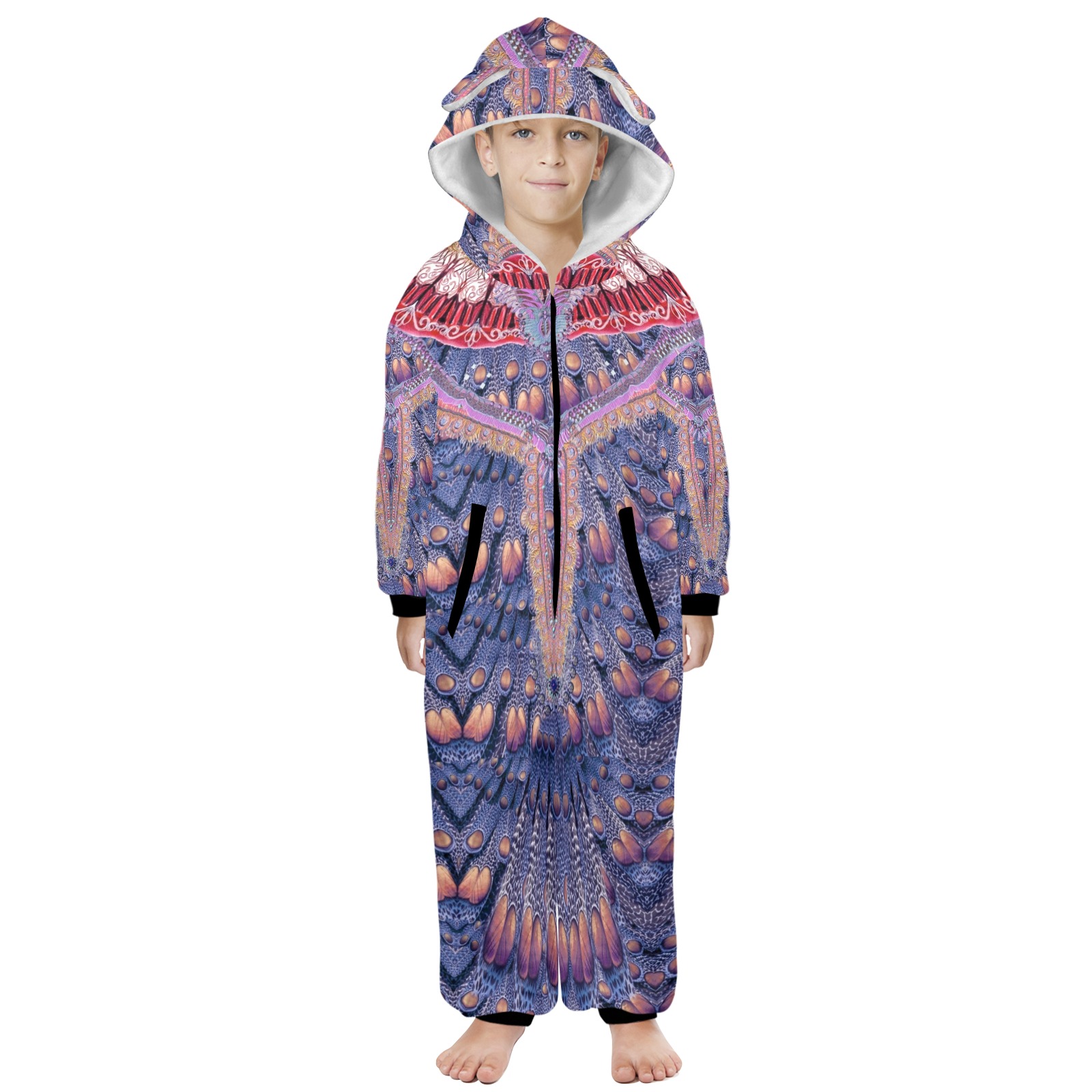 spain blue One-Piece Zip Up Hooded Pajamas for Big Kids