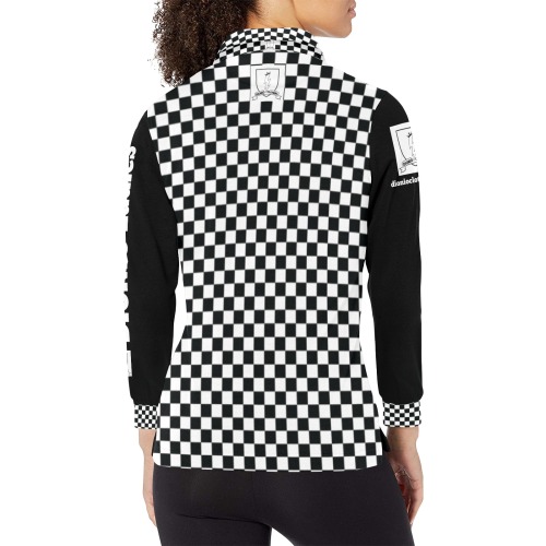 DIONIO Clothing - Ladies'  Half-Checkered Long Sleeve Polo Shirt Women's Long Sleeve Polo Shirt (Model T73)