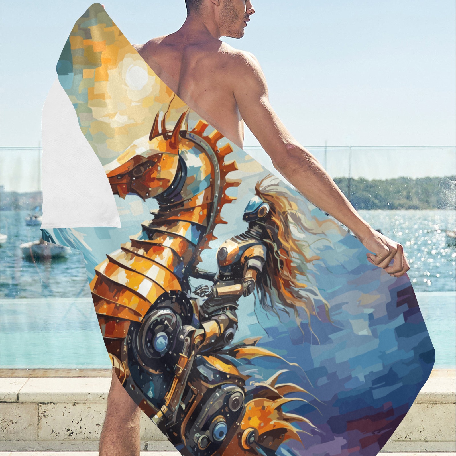 Cyborg woman rides a mechanical seahorse art sea. Beach Towel 32"x 71"