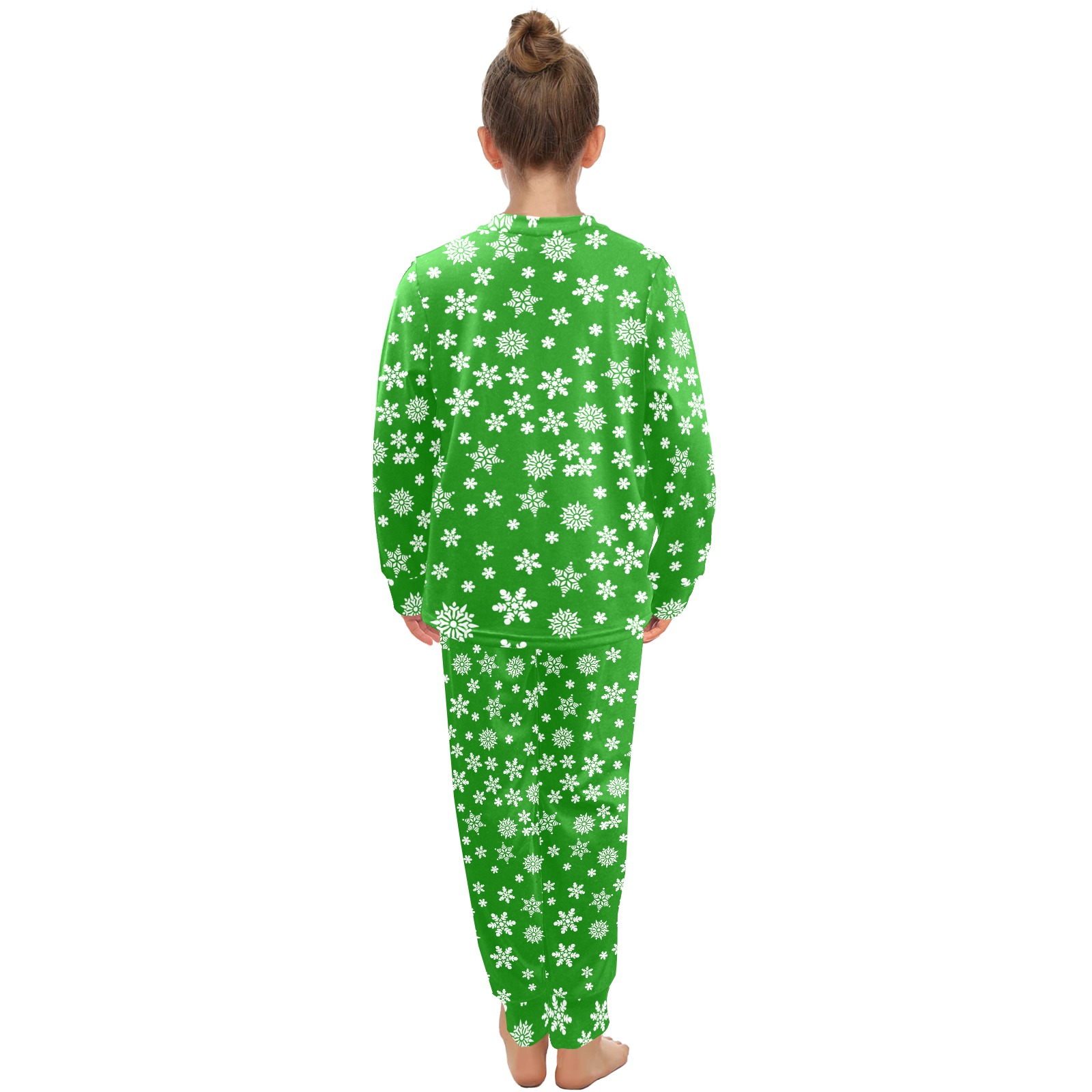 Christmas White Snowflakes on Green Big Girls' Crew Neck Long Pajama Set