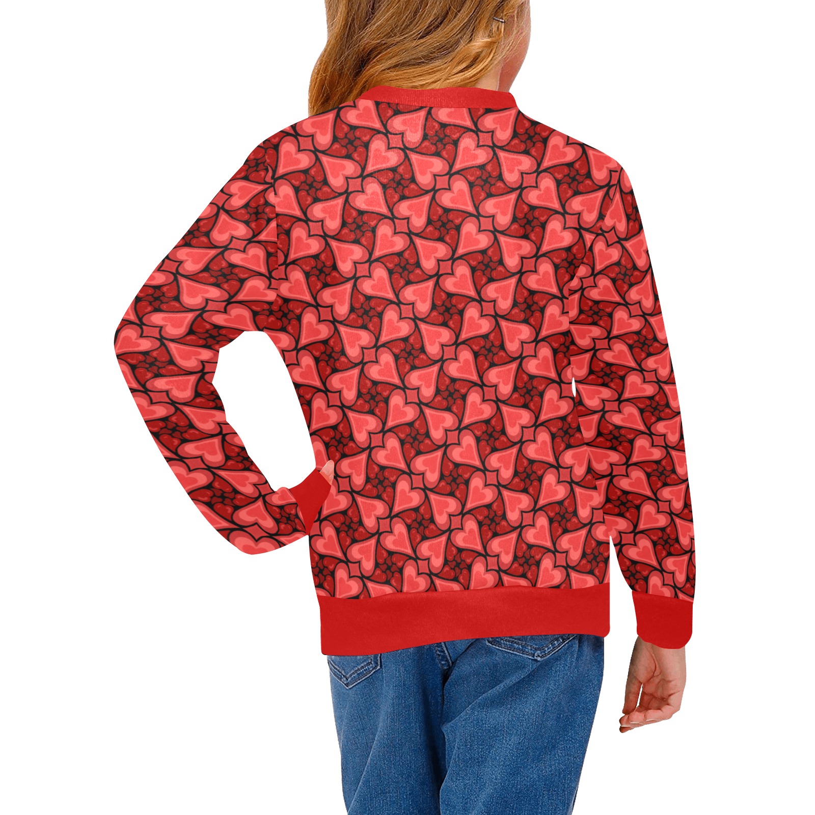 Heart Pattern Love Story Red on Black Girls' All Over Print Crew Neck Sweater (Model H49)