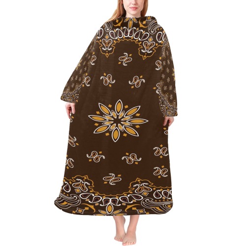 Brown Bandanna Pattern Blanket Robe with Sleeves for Adults