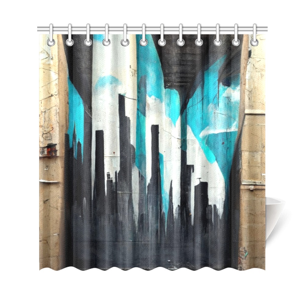 graffiti building's turquoise and black Shower Curtain 69"x72"