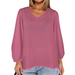 Innuendo Women's Loose V-Neck Long Puff Sleeve Top (Model H70)