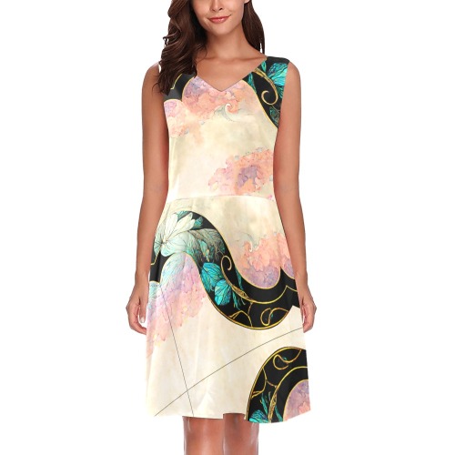 Lacquered Pink Opal Swirl Chryseis Sleeveless Pleated Dress(Model D07)