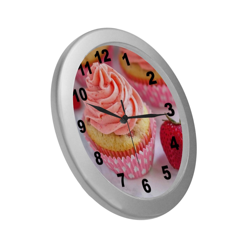 Pink Cupcake Silver Color Wall Clock