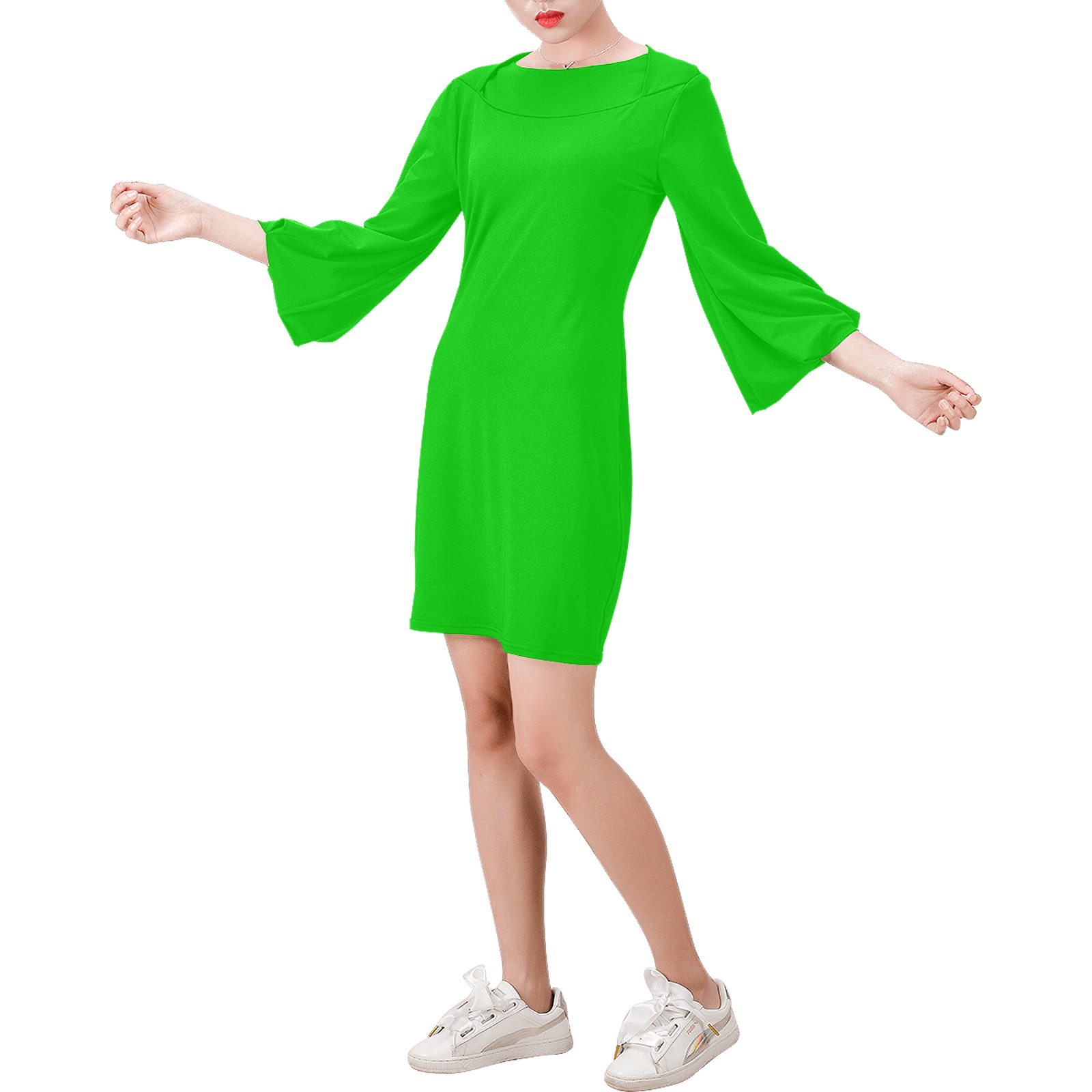 Merry Christmas Green Solid Color Bell Sleeve Dress (Model D52)