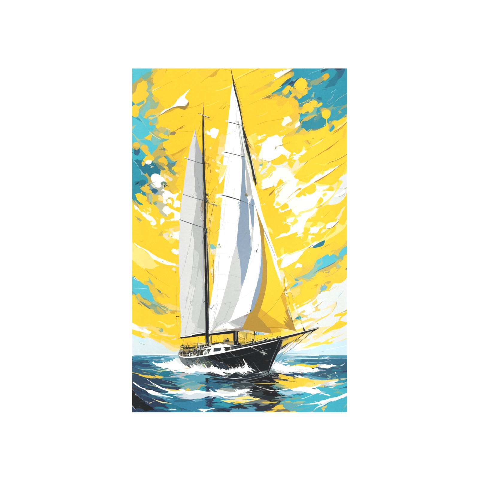 Fantasy sail boat at sea. Turquoise, yellow colors Art Print 19‘’x28‘’