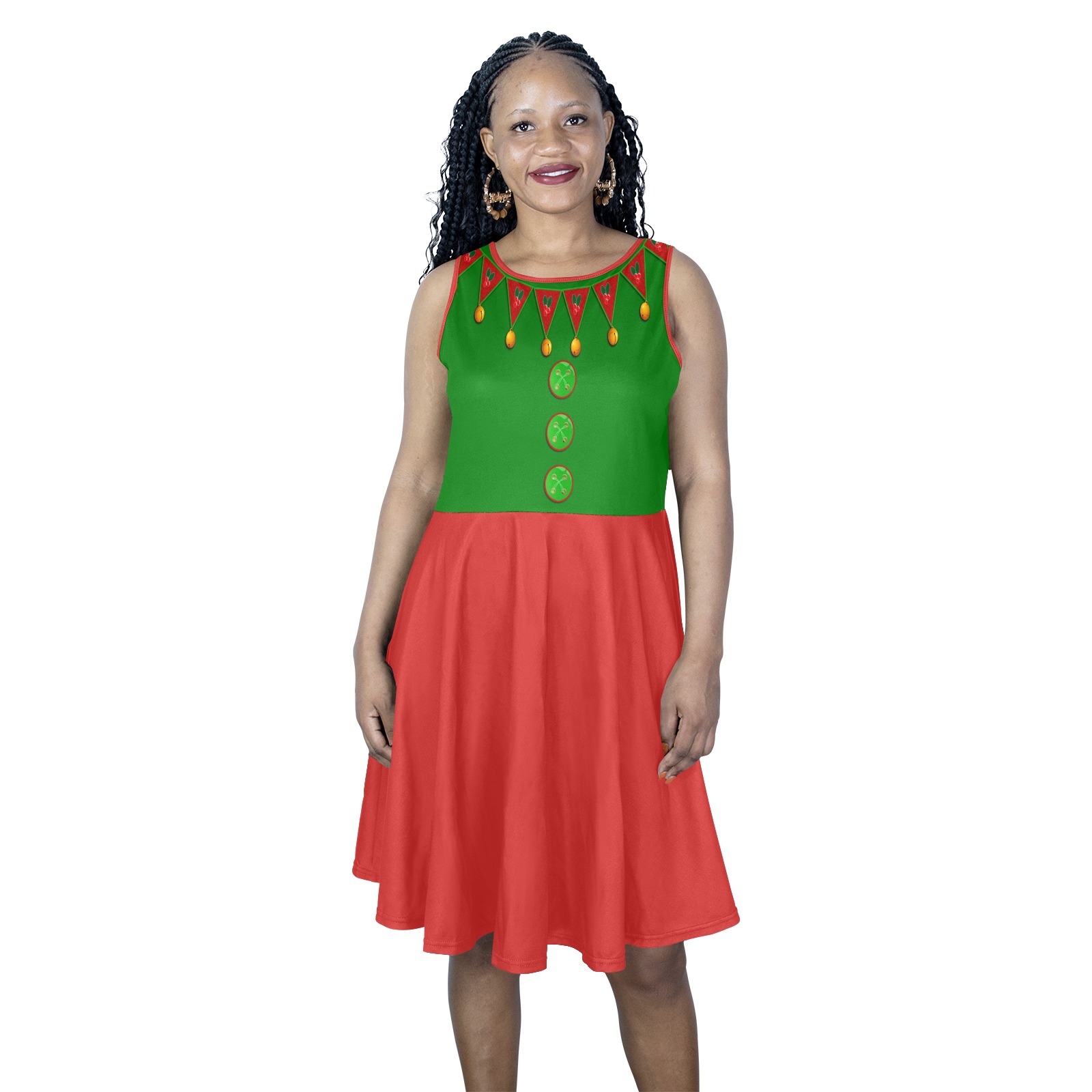 Green Red Elf Costume Sleeveless Expansion Dress (Model D60)