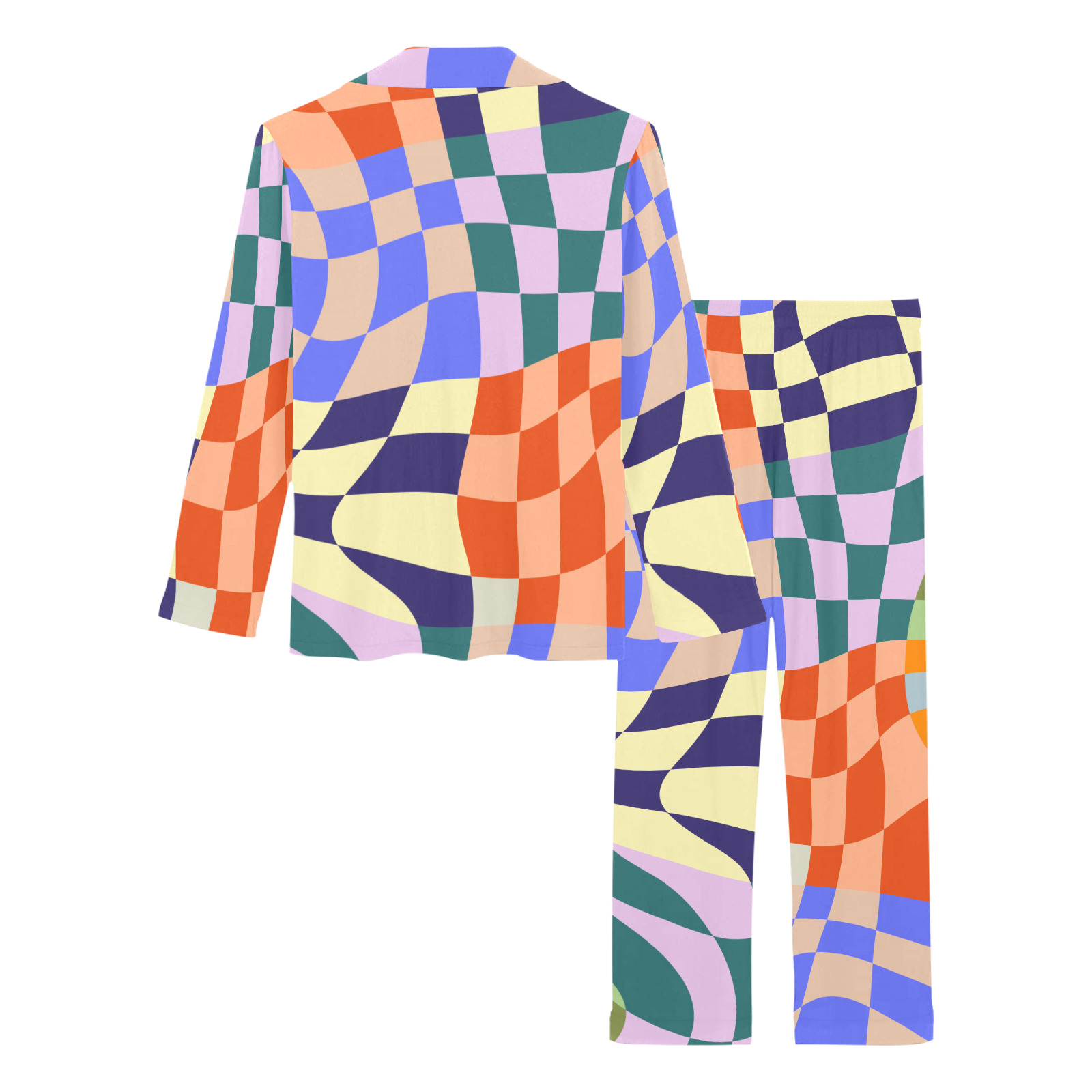 Wavy Groovy Geometric Checkered Retro Abstract Mosaic Pixels Women's Long Pajama Set
