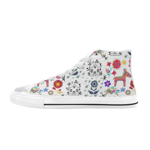 Alpaca Pinata With Blue House and Flowers Pattern Women's Classic High Top Canvas Shoes (Model 017)