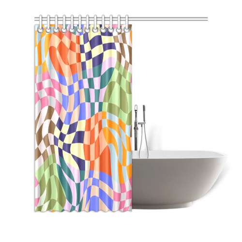 Wavy Groovy Geometric Checkered Retro Abstract Mosaic Pixels Shower Curtain 72"x72"
