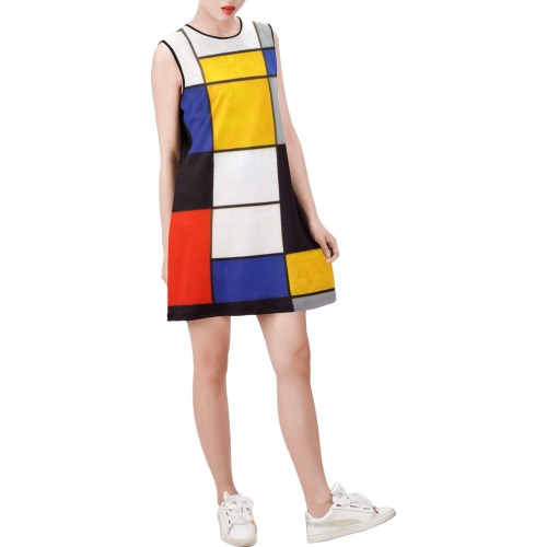 Composition A by Piet Mondrian Sleeveless Round Neck Shift Dress (Model D51)