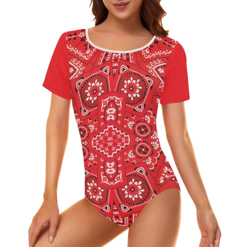 Red Bandanna Pattern Women's Short Sleeve Bodysuit