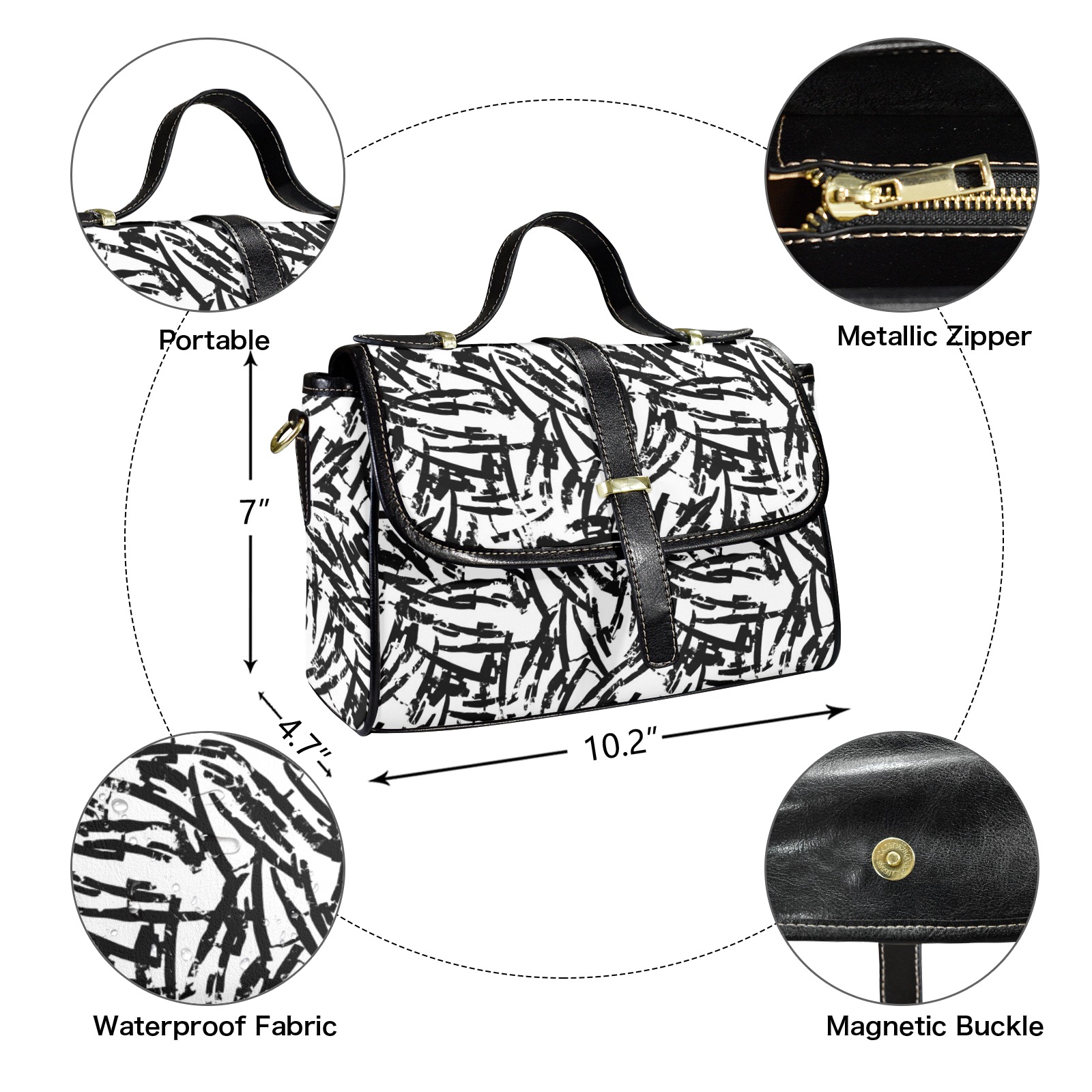 Brush Stroke Black and White Multi-Function Leather Satchel-Black (Model 1739)