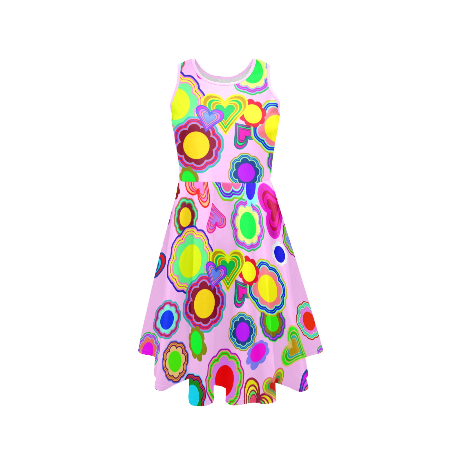 Groovy Hearts and Flowers Pink Sleeveless Expansion Dress (Model D60)