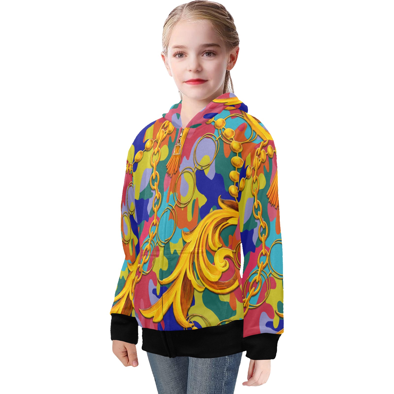 Colorful Camo, Exclusive Collectable Fly Big Girls' Zip Up Hoodie (Model H58)