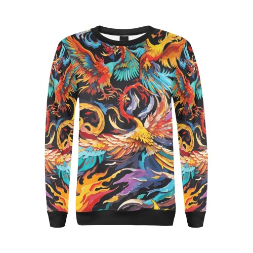 Colorful fantasy phoenix birds and flames art. All Over Print Crewneck Sweatshirt for Women (Model H18)
