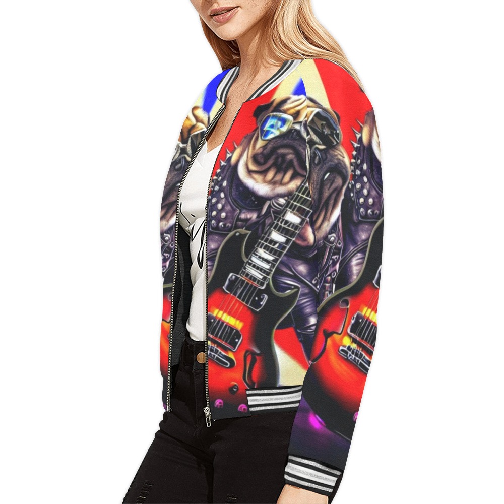 HEAVY ROCK PUG 3 All Over Print Bomber Jacket for Women (Model H21)