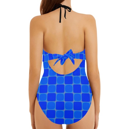 Blue Mosaic Geometric Backless Hollow Out Bow Tie Swimsuit (Model S17)