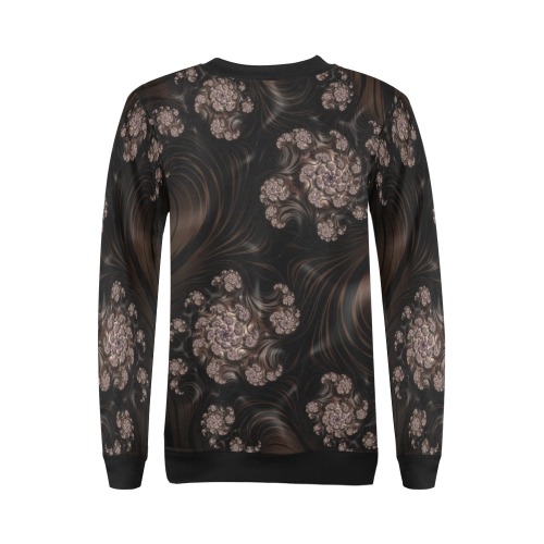 Blossoms and Dark Chocolate Swirls Fractal Abstract All Over Print Crewneck Sweatshirt for Women (Model H18)