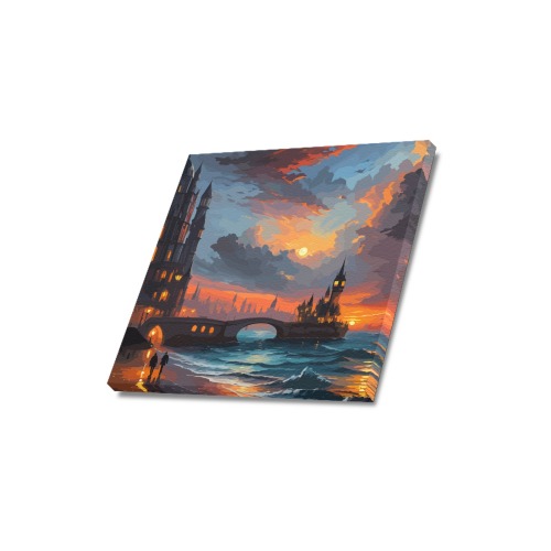 Stunning fantasy city, ocean waves, two suns. Upgraded Canvas Print 16"x16"