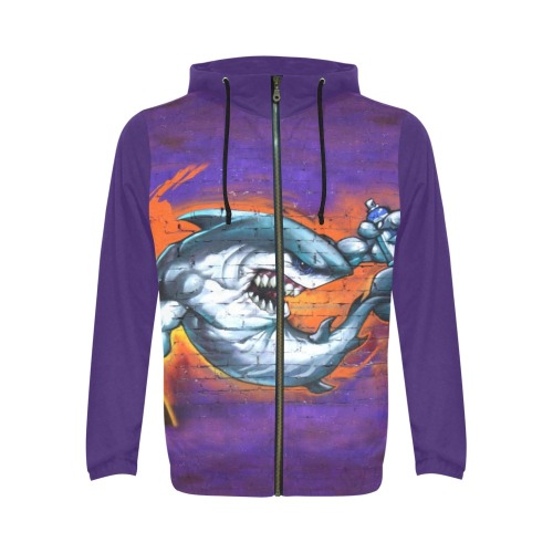 Graffiti Shark Wall Art - Purple Sleeves All Over Print Full Zip Hoodie for Men (Model H14)