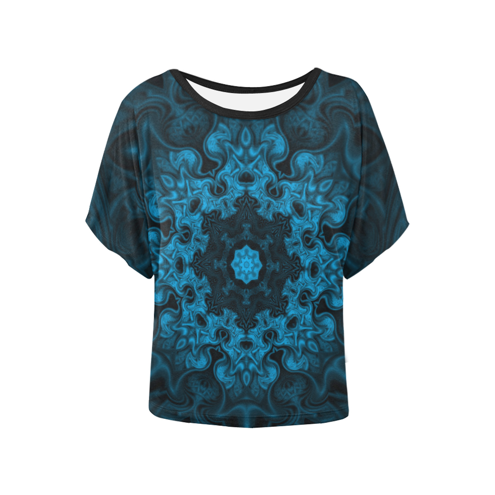 Blue and Black Fractal Mandala Women's Batwing-Sleeved Blouse T shirt (Model T44)