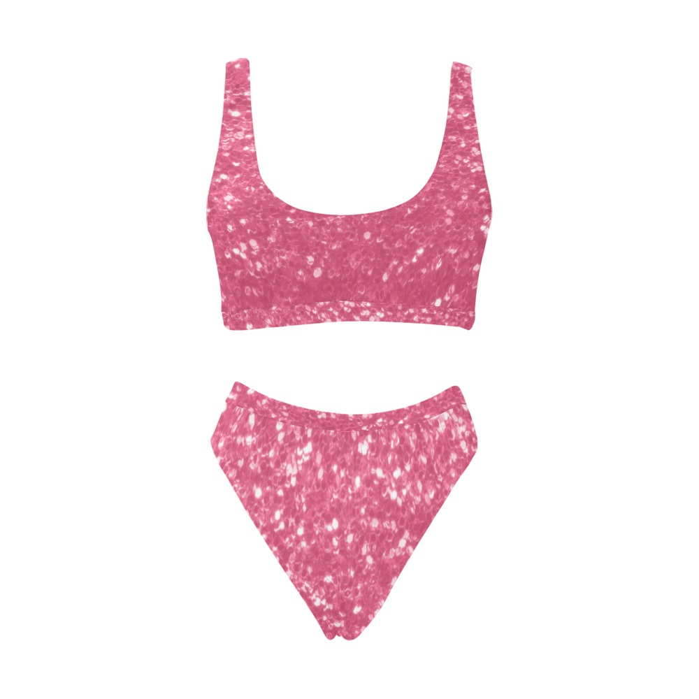 Magenta light pink red faux sparkles glitter Sport Top & High-Waisted Bikini Swimsuit (Model S07)